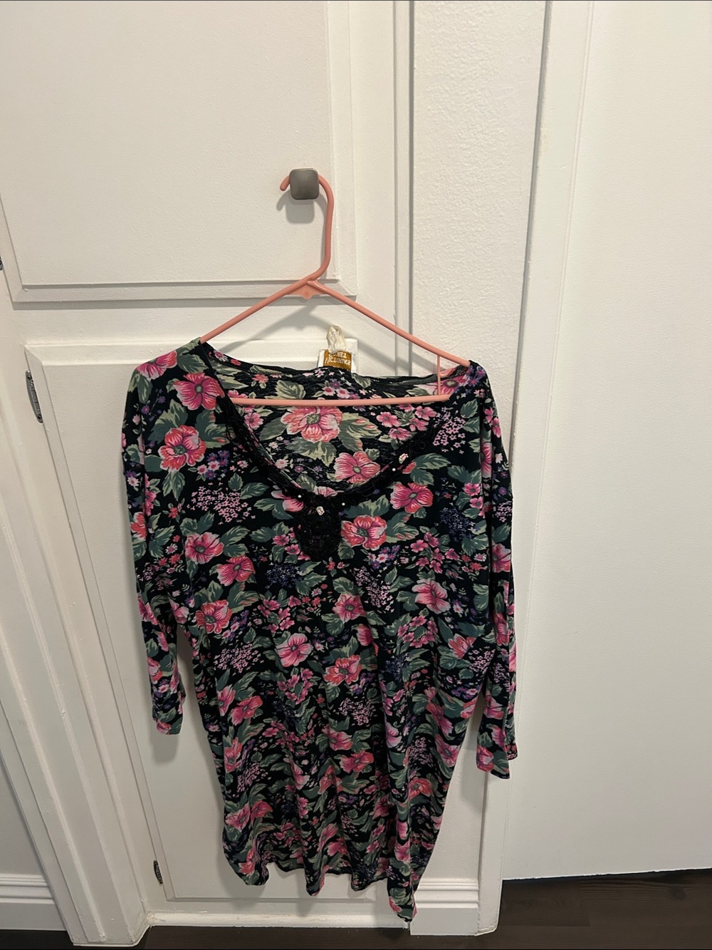 Long Sleeve Black Floral Nightdress with Pink Flower Print